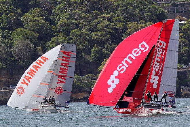 Defending champion Smeg chases the series leader Yamaha - JJ Giltinan 18ft Skiff Championship © Frank Quealey /Australian 18 Footers League http://www.18footers.com.au